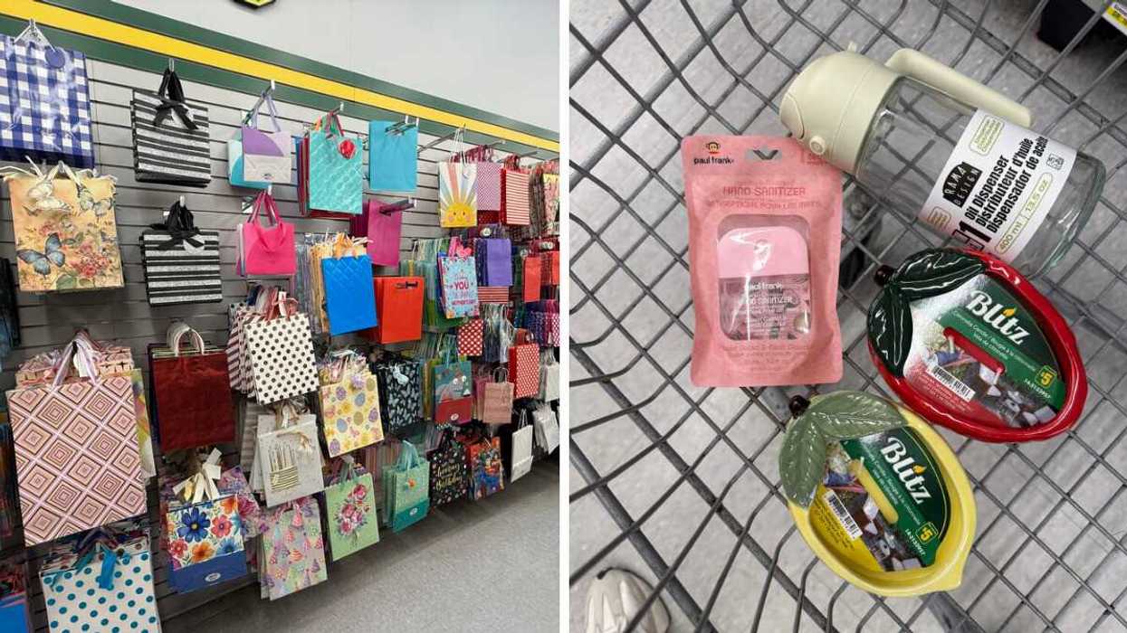A wall filled with gift bags with various designs on them. Right: A shopping cart with four items in it.