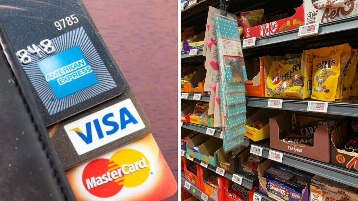 A wallet with credit cards. Right: Candy at a Canadian store.