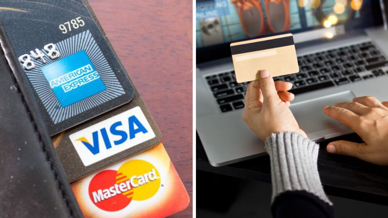 A wallet with credit cards. Right: Making a payment on a laptop with a card.