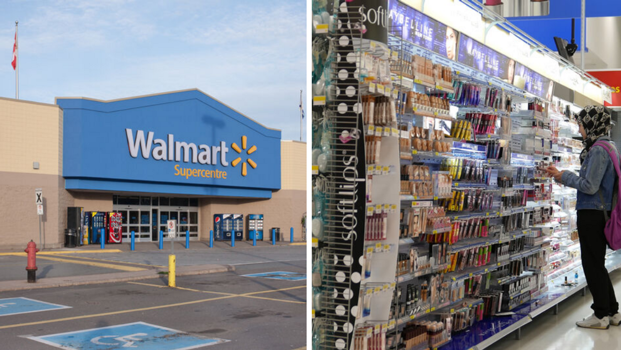 A Walmart Canada store. Right: A woman shopping at Walmart.