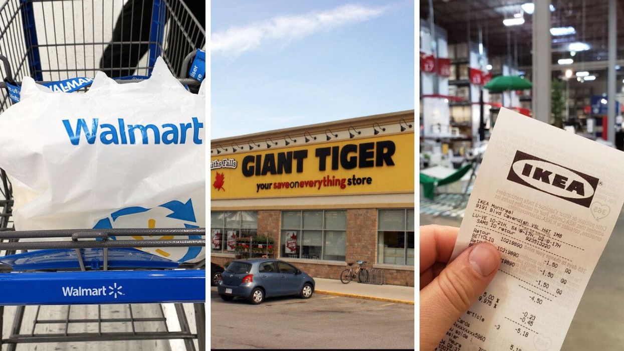 A Walmart cart and shopping bag. Middle: The exterior of a Giant Tiger Store. Right: A hand holding an Ikea reciept.