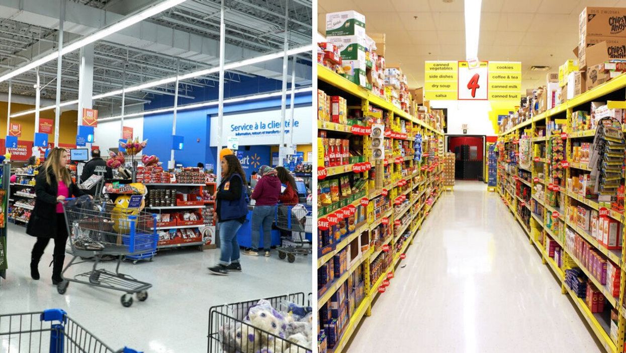 A Walmart in Canada. Right: A grocery aisle.