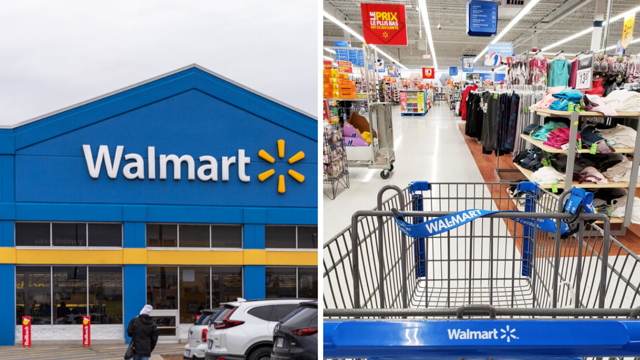 A Walmart in Ontario, Canada. Right: Walmart shopping cart.