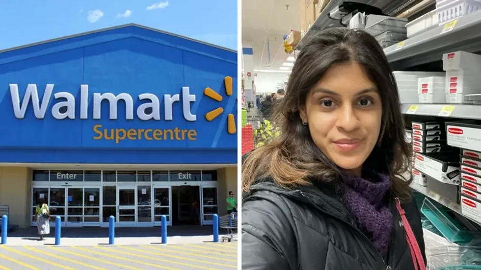 A Walmart in Ontario. Right: Janice Rodrigues in a Walmart store.