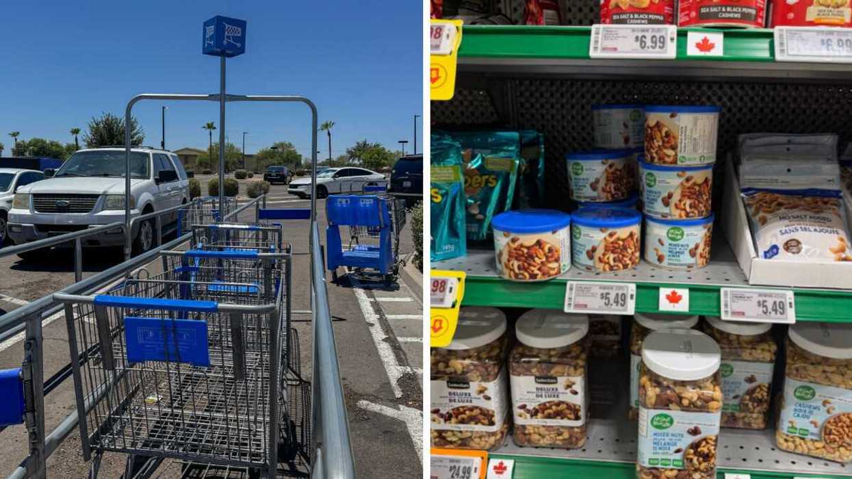 A Walmart shopping cart in the car park. Right: The shelves of Food Basics in Ontario.