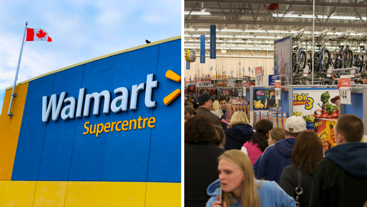 A Walmart store in Canada. Right: Shoppers in a Walmart store.