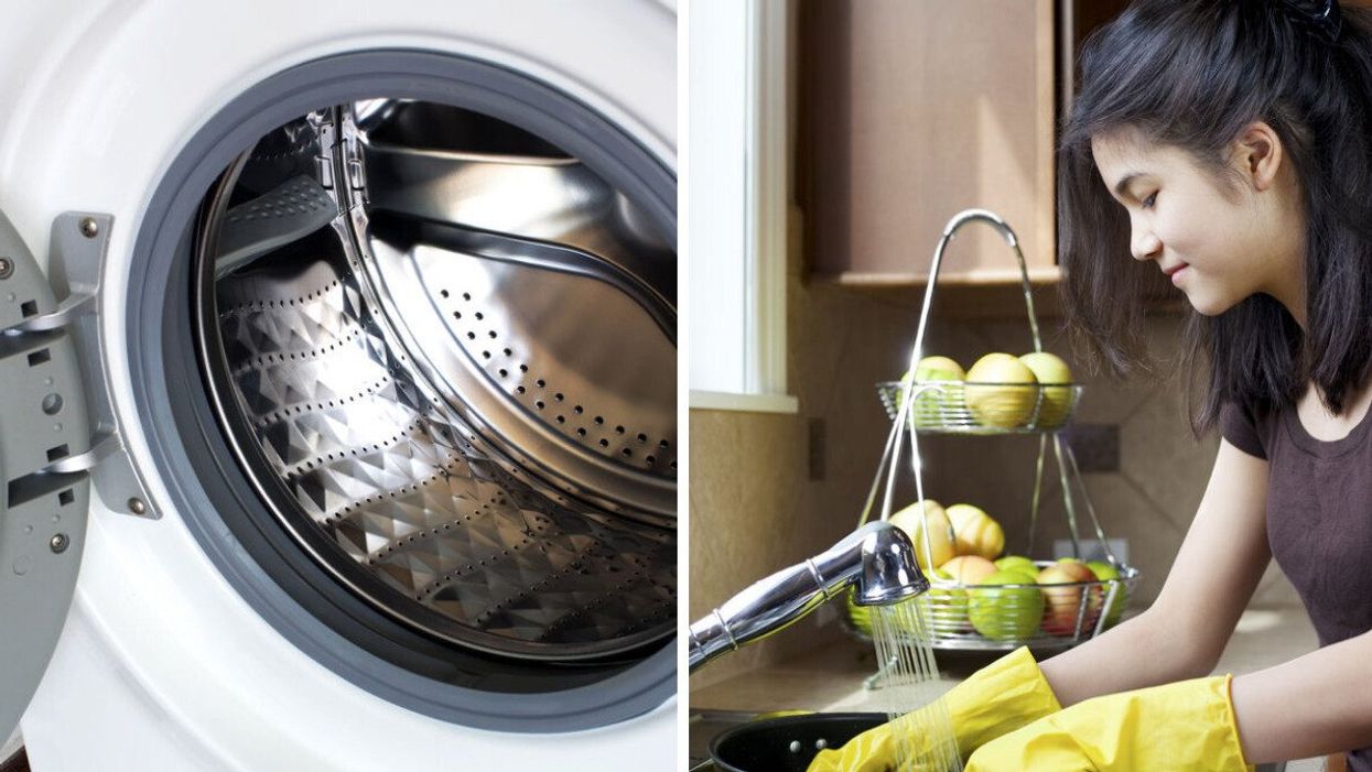 A washing machine. Right: A girl cleaning dishes.
