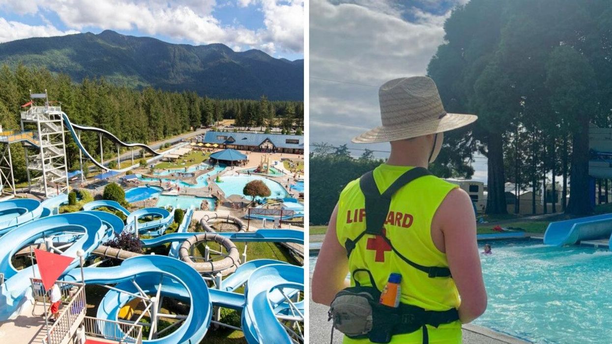 A water park with numerous slides and rides. Right: A person in a straw hat wearing a shirt that says lifeguard on it looking at a swimming pool.