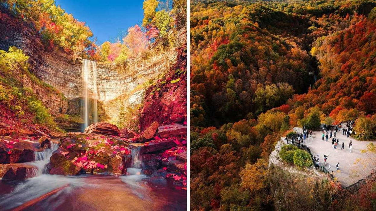 A waterfall during the fall. Right: A lookout over fall foliage.