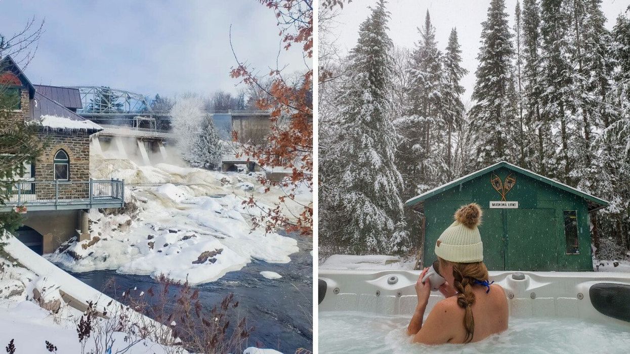 A waterfall during the winter. Right: A person in a hot tub.