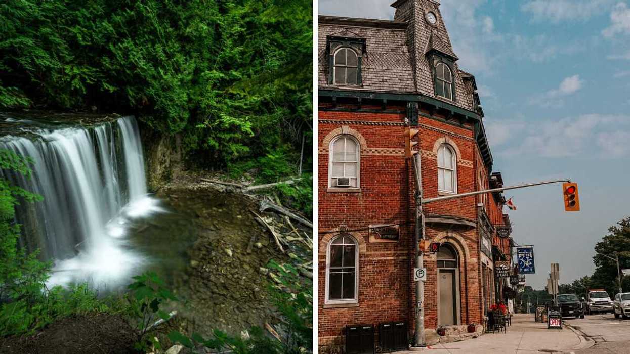 A waterfall in a forest. Right: A small town.