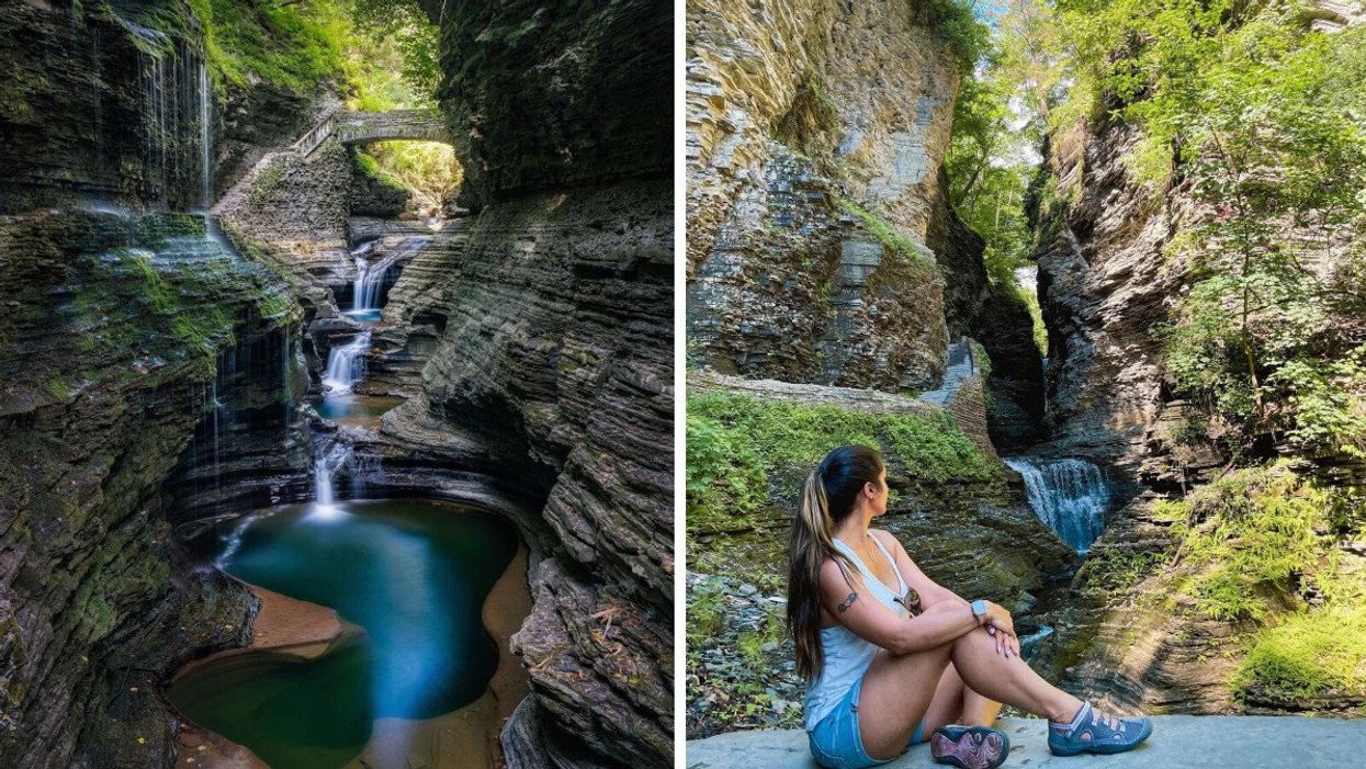 A waterfall in a gorge. Right: A person sitting by a waterfall.