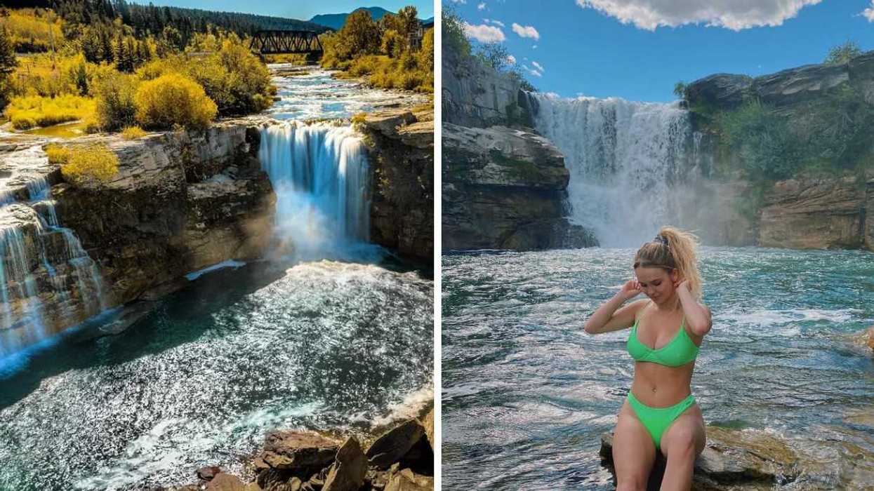 A waterfall in Alberta. Right: A person sits in front of a waterfall in Alberta.