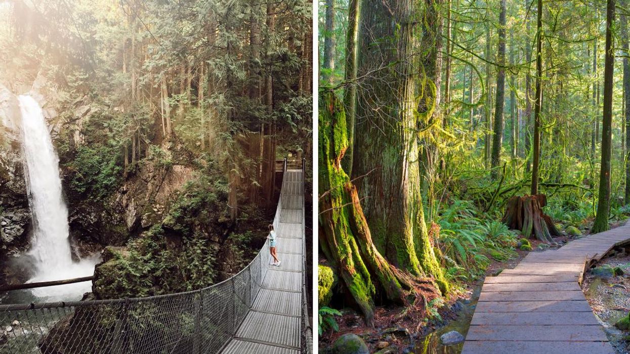 A waterfall in B.C. Right: Lower Lynn Loop.