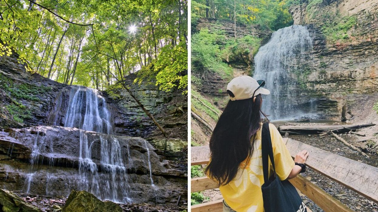 A waterfall in Ontario. Right: A person looking at a waterfall.