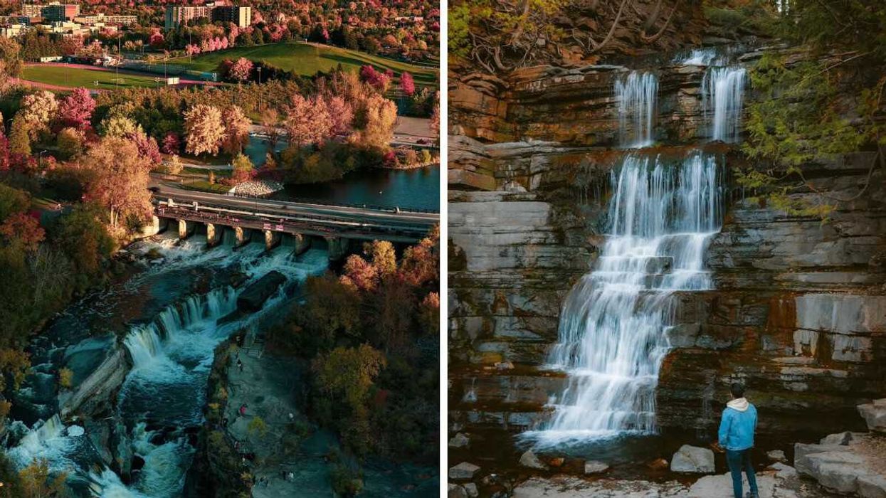 A waterfall in Ottawa. Right: A person stands by a waterfall near Ottawa.