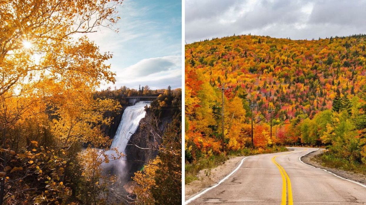 A waterfall in Quebec. Right: A road framed by fall colours in Nova Scotia.