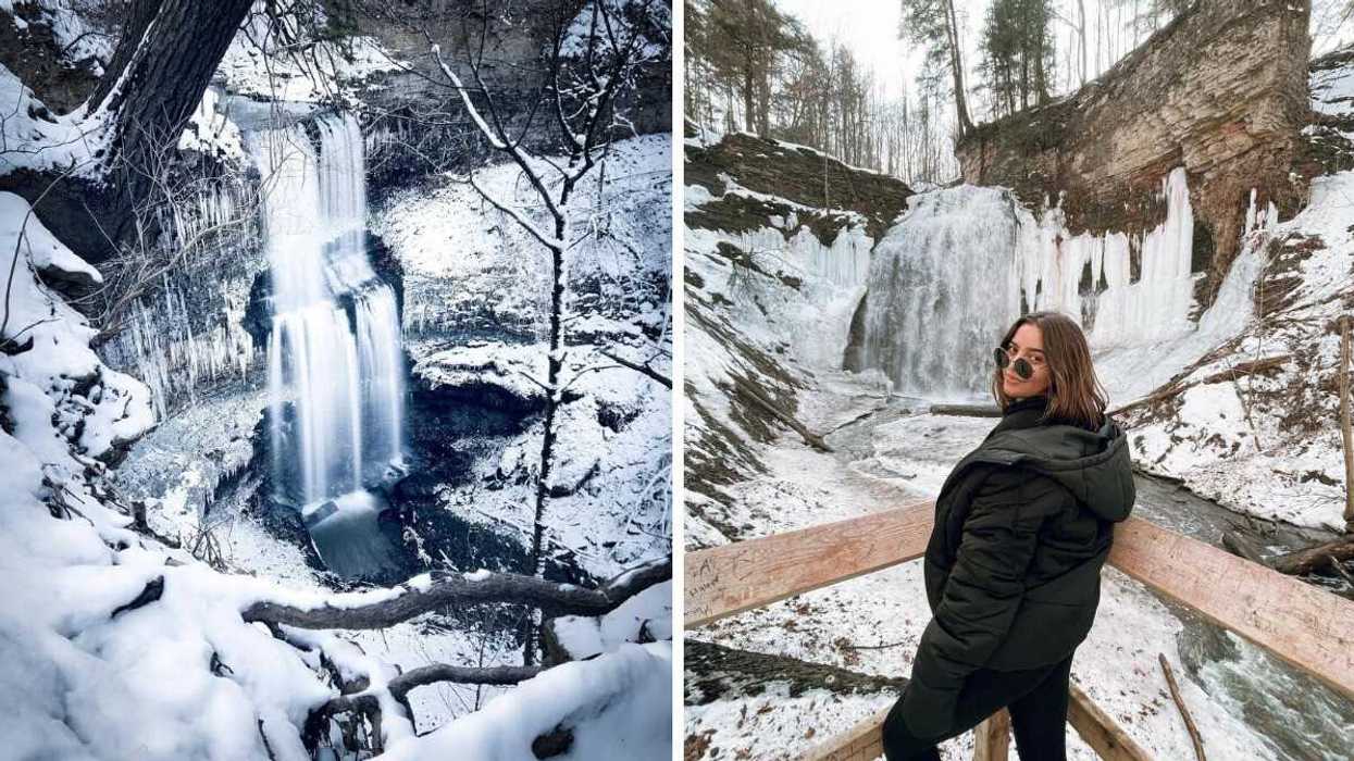 A waterfall in the winter. Right: A person standing by a waterfall.