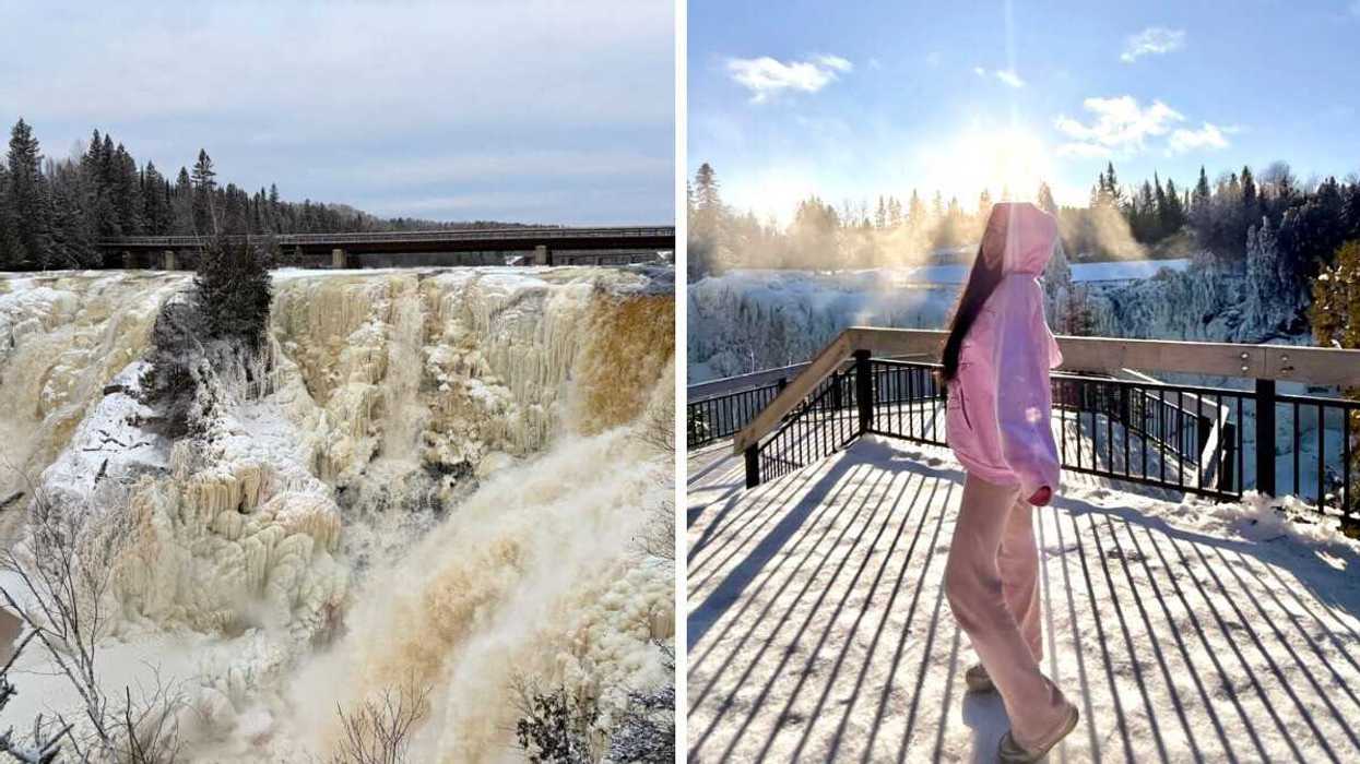 A waterfall in the winter. Right: A person standing on a boardwalk trail in the winter.