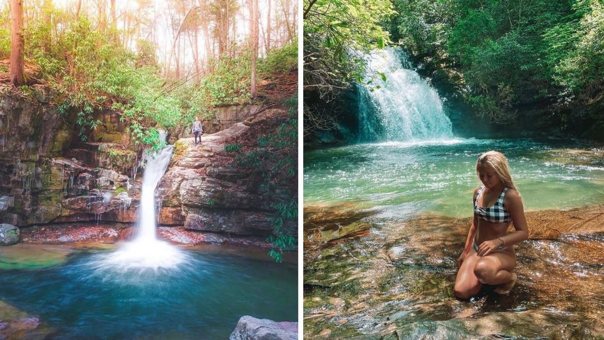 A waterfall pouring into a blue pool Right: A woman posing in front of a turquoise waterfall.