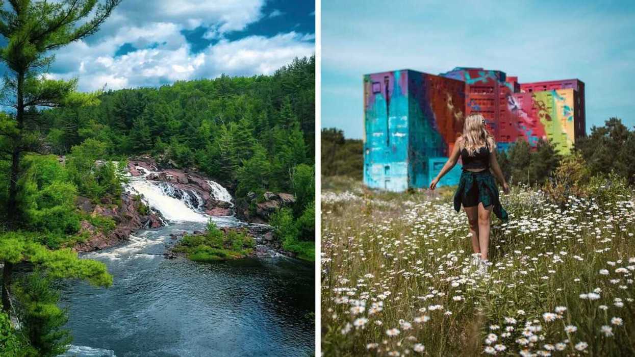 A waterfall. Right: A person standing in front of a colourful building.