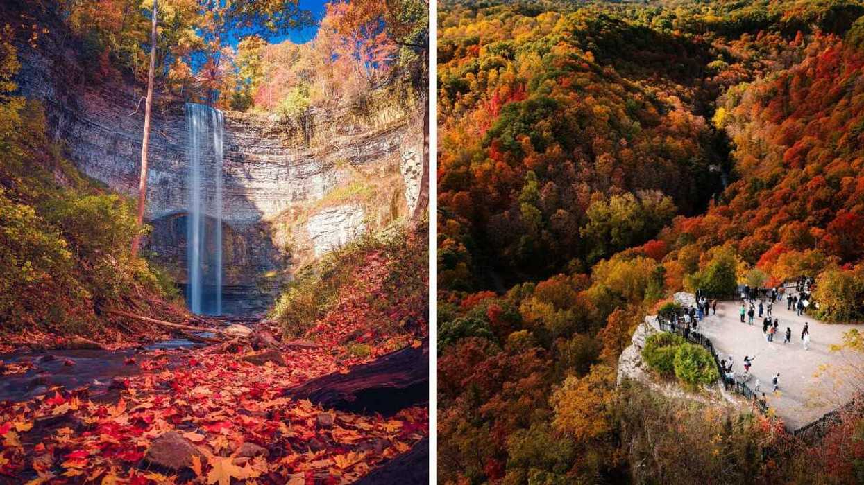 A waterfall surrounded by fall colours. Right: A lookout over fall colours.