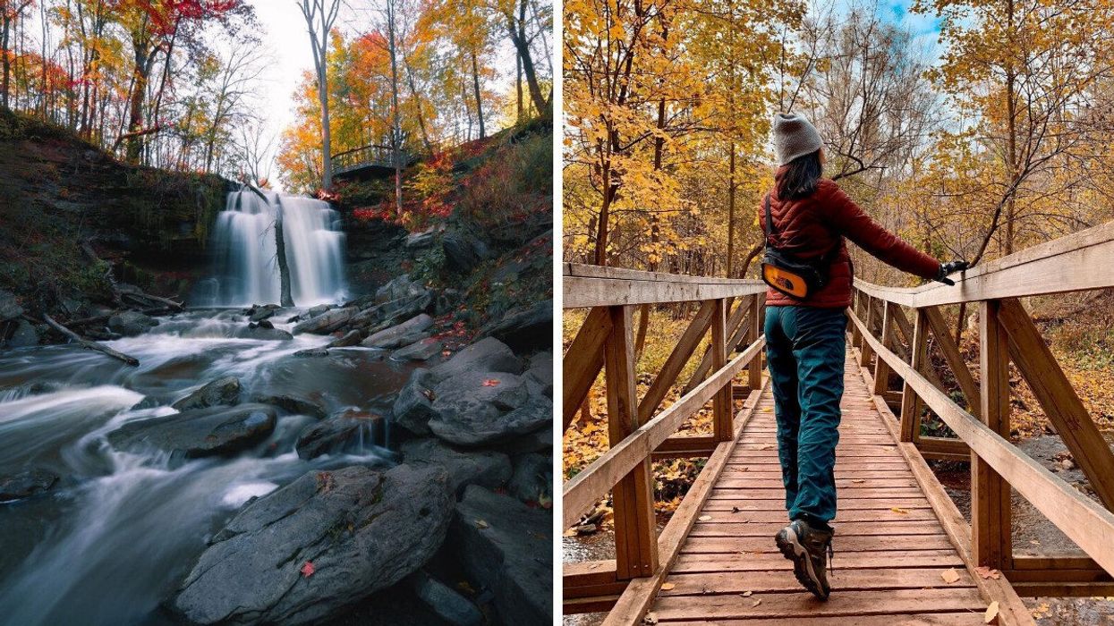 A waterfall surrounded by fall colours. Right: A person standing on a bridge.