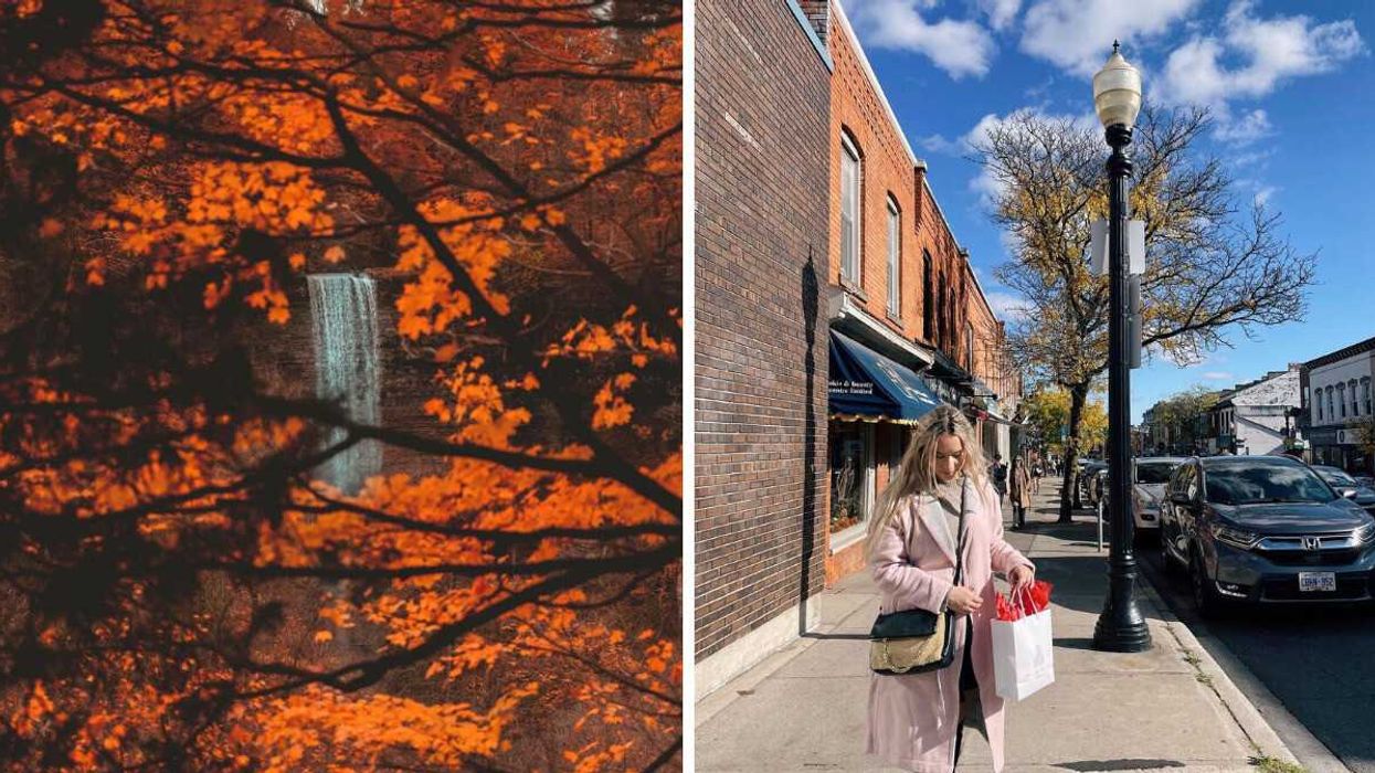 A waterfall surrounded by fall colours. Right: A person standing on a street.