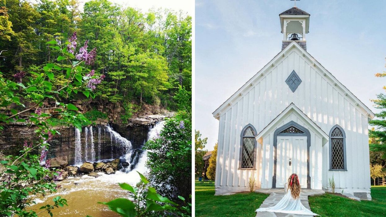 A waterfall surrounded by greenery. Right: A person sitting in front of a church.