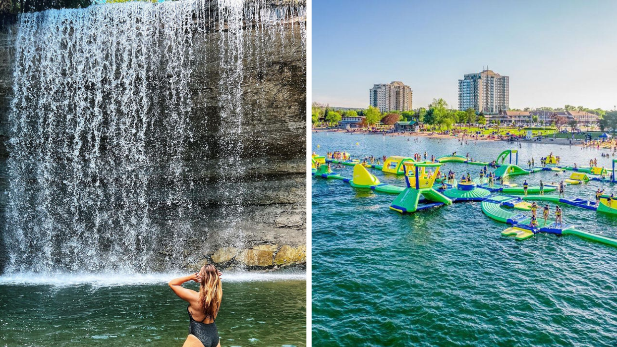 A waterfall swimming hole in Ontario. Right: Giant inflatable waterpark on Lake Simcoe.