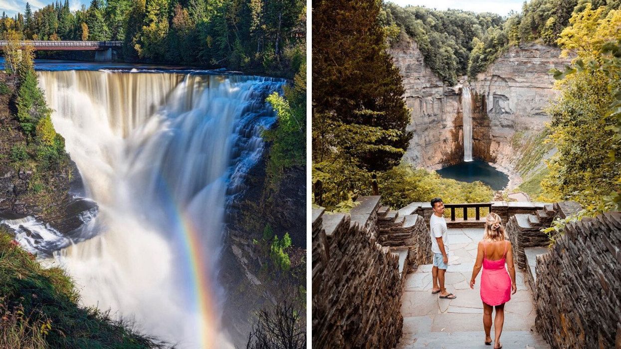 A waterfall with a rainbow. Right: Two people walking to a waterfall.