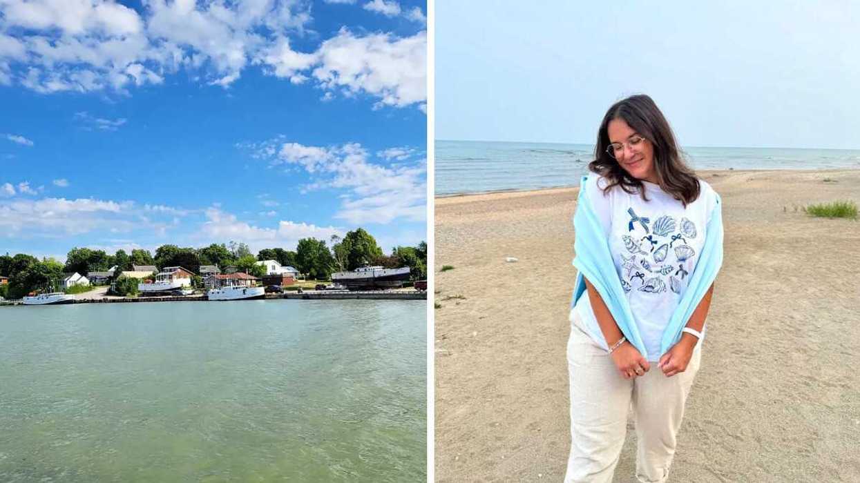 A waterfront town. Right: A person standing on a beach.