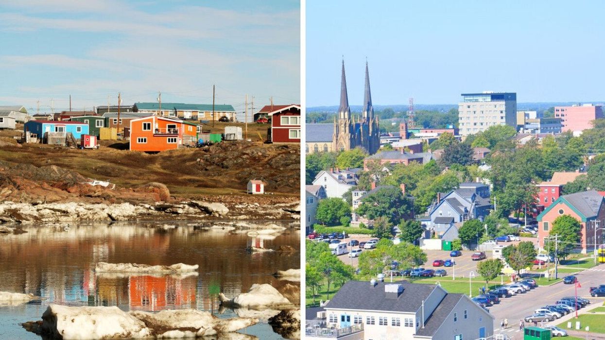 A waterfront town with colourful houses. Right: Aerial view of a small Canadian city.