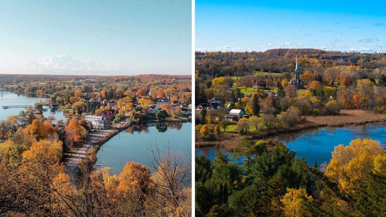 A waterfront village surrounded by fall colours.