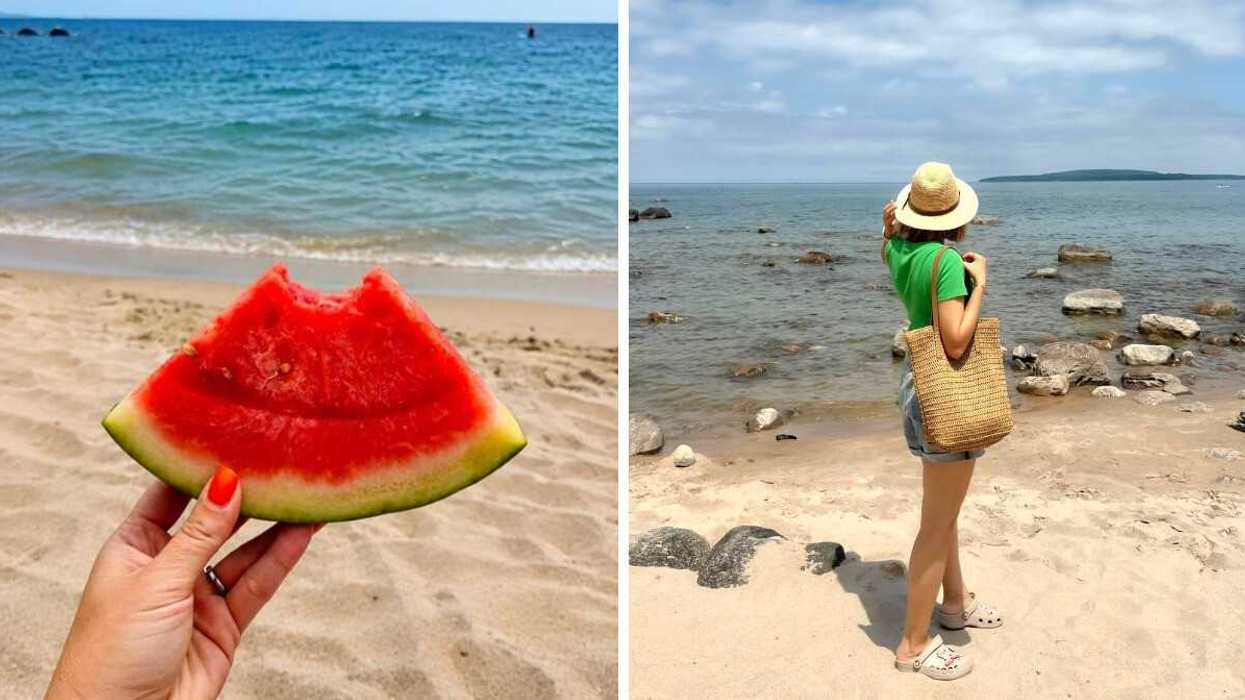 A watermelon on a sandy beach. Right: A person standing on a sandy beach.