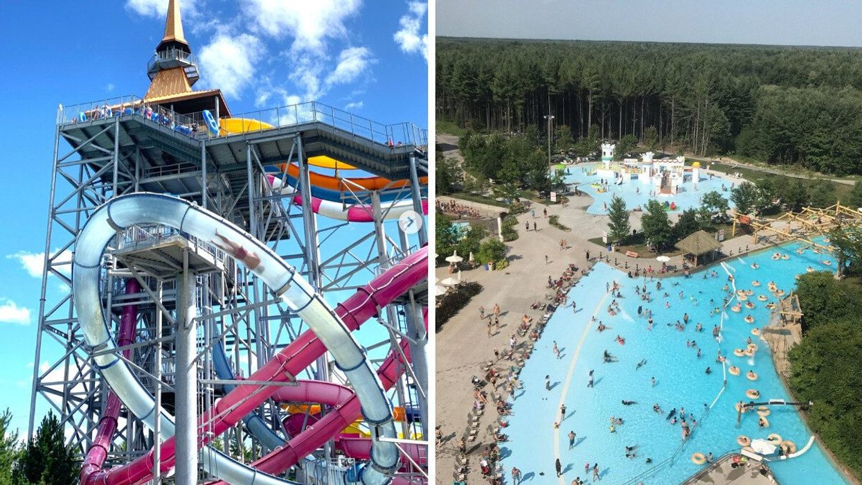 A waterpark with slides and pools.