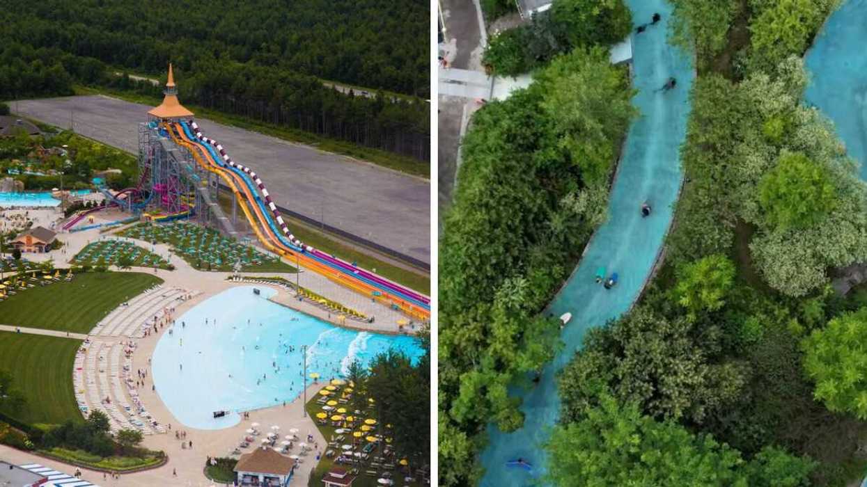 A waterpark with slides. Right: An aerial view of a lazy river.
