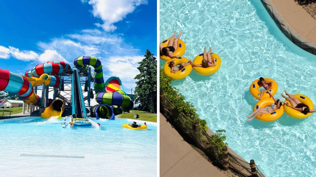 A waterslide. Right: People floating in yellow tubes.