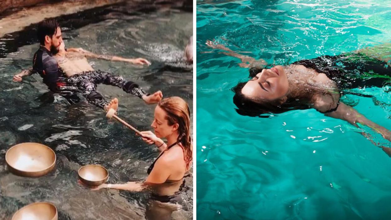 A Watsu class where a person is being held. Right: A woman floating in a pool.