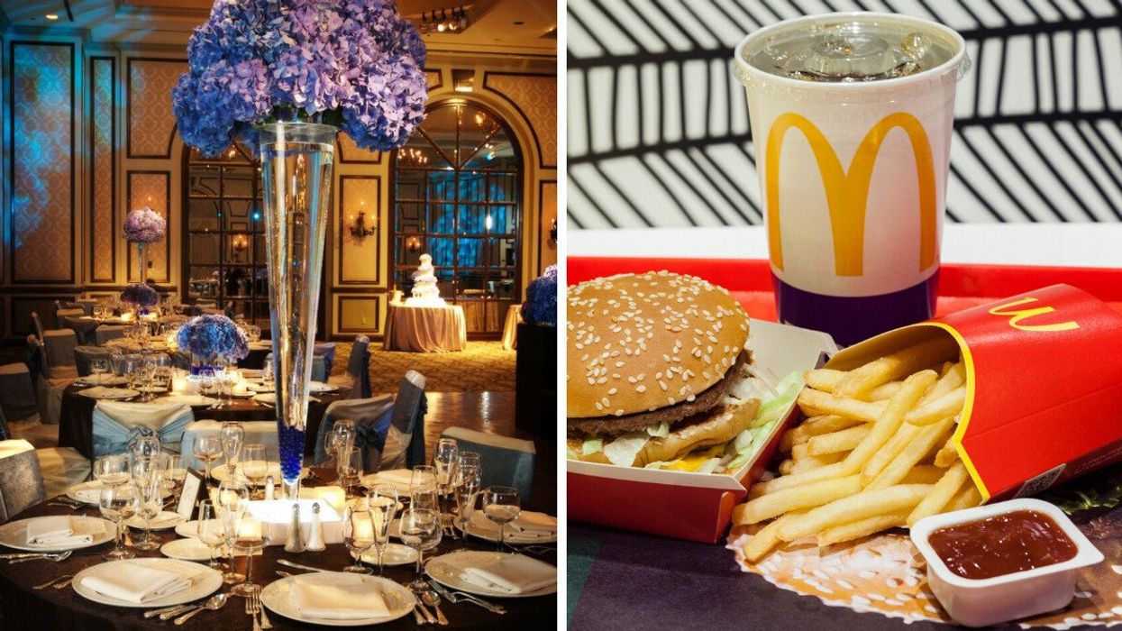 A wedding reception dinner. Right: A McDonald's Big Mac with fries.