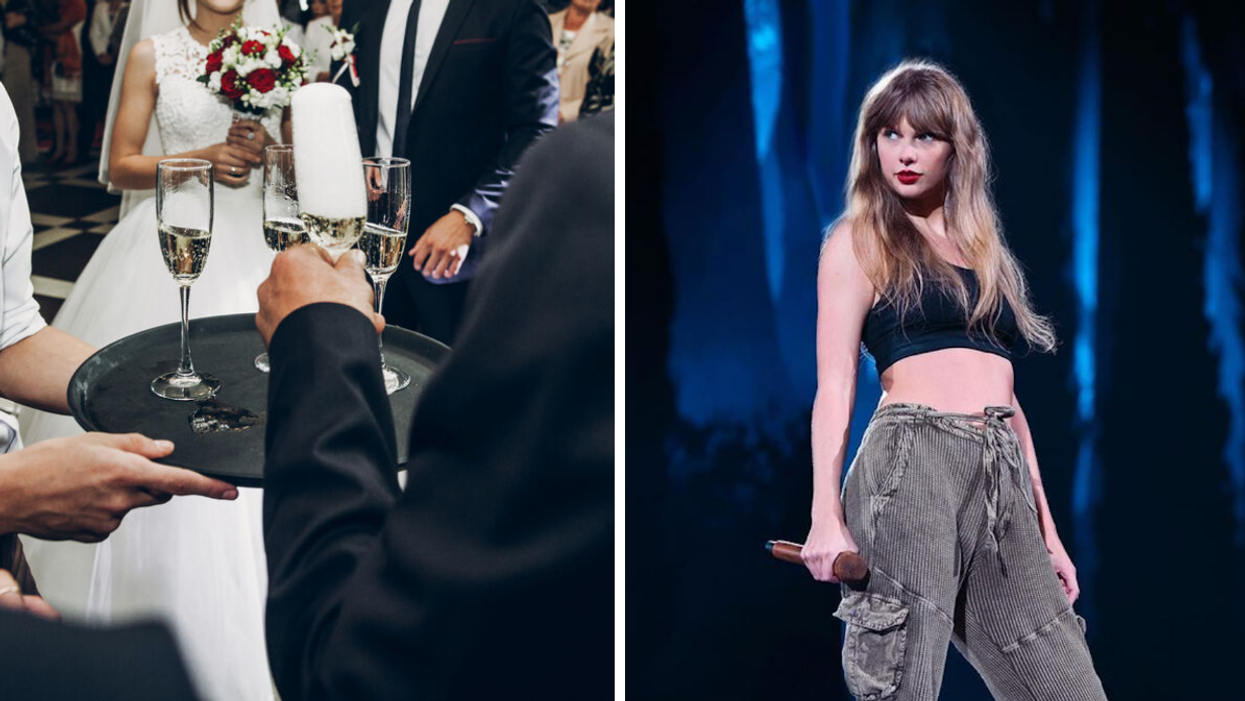 A wedding. Right: Taylor Swift rehearsing for her Eras Tour.