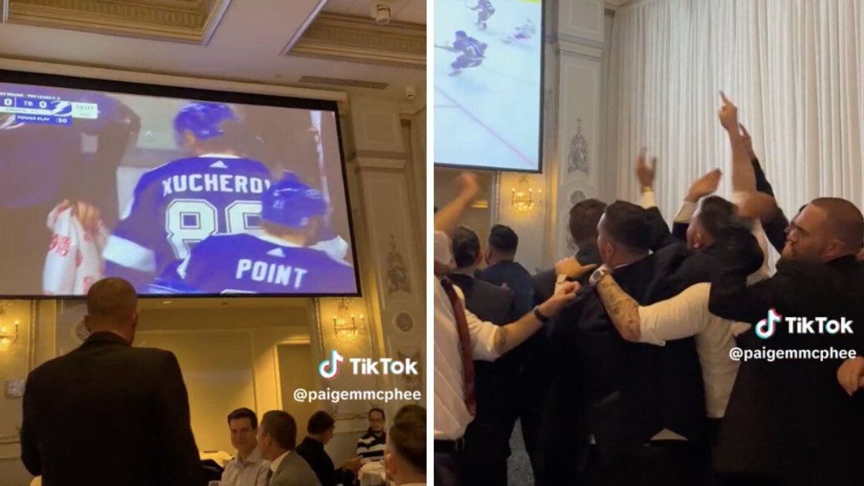 A wedding screening the Leafs' playoff game. Right: Celebrations after Leafs' playoff win.