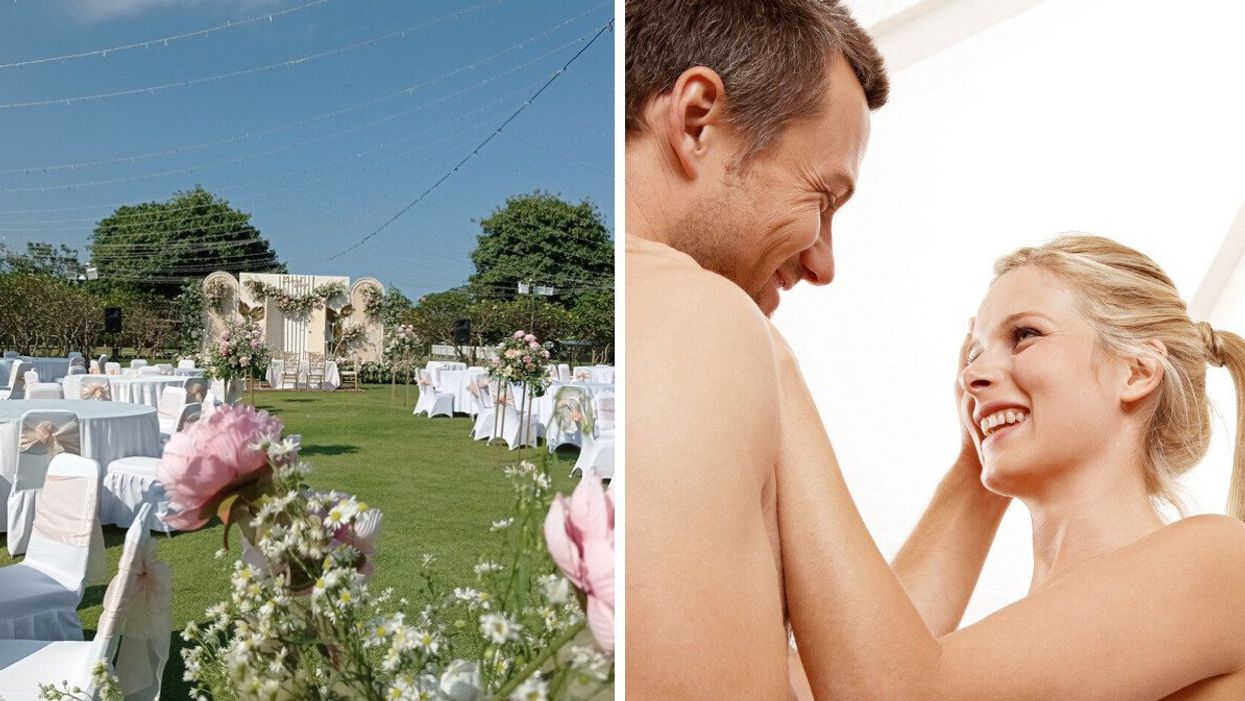 A wedding venue. Right: A nude couple.
