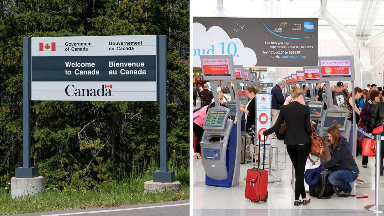 A "Welcome To Canada" sign by the Government of Canada. Right: Self-help kiosk at Toronto Pearson Airport.