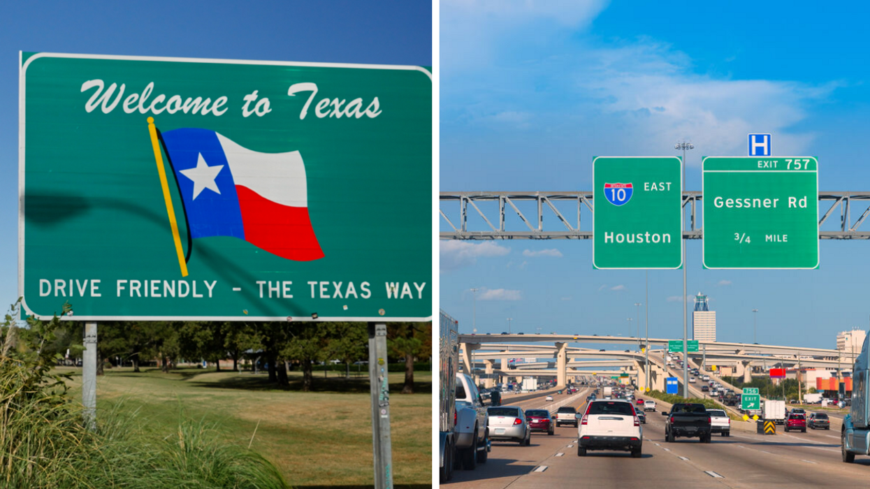 A welcome to Texas sign. Right: Cars driving on a highway in Texas.
