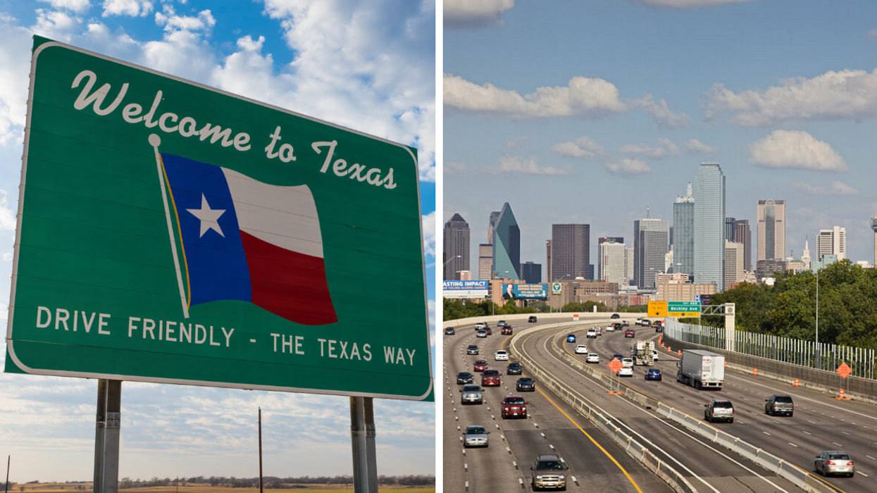 A "Welcome to Texas" sign. Right: Cars on a highway in Dallas, TX.