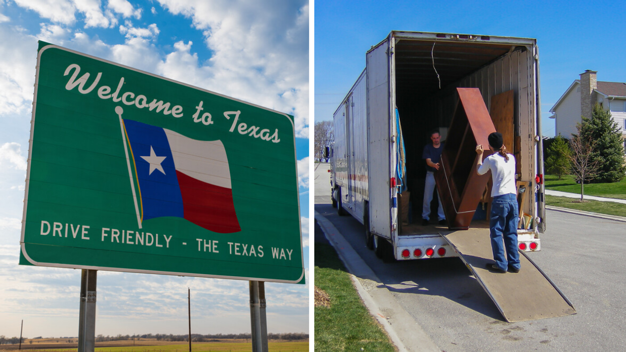 A "Welcome to Texas" sign. Right: People moving a piece of furniture.