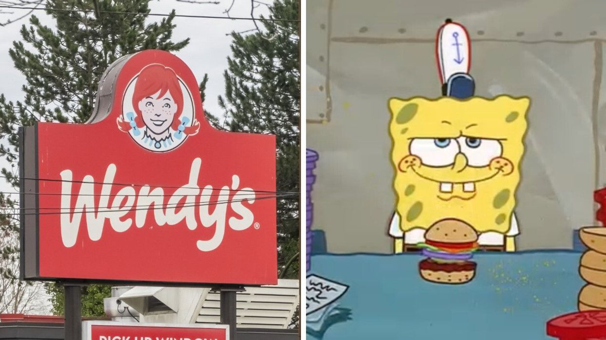 A Wendy's sign in Canada. Right: Spongebob smiles with a Bikini Bottom-made Krabby Patty.