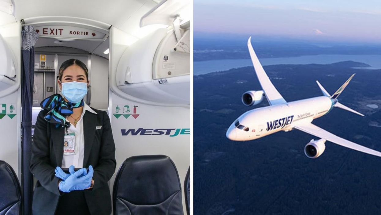 A WestJet flight attendant on board a plane. Right: A WestJet airplane in flight.