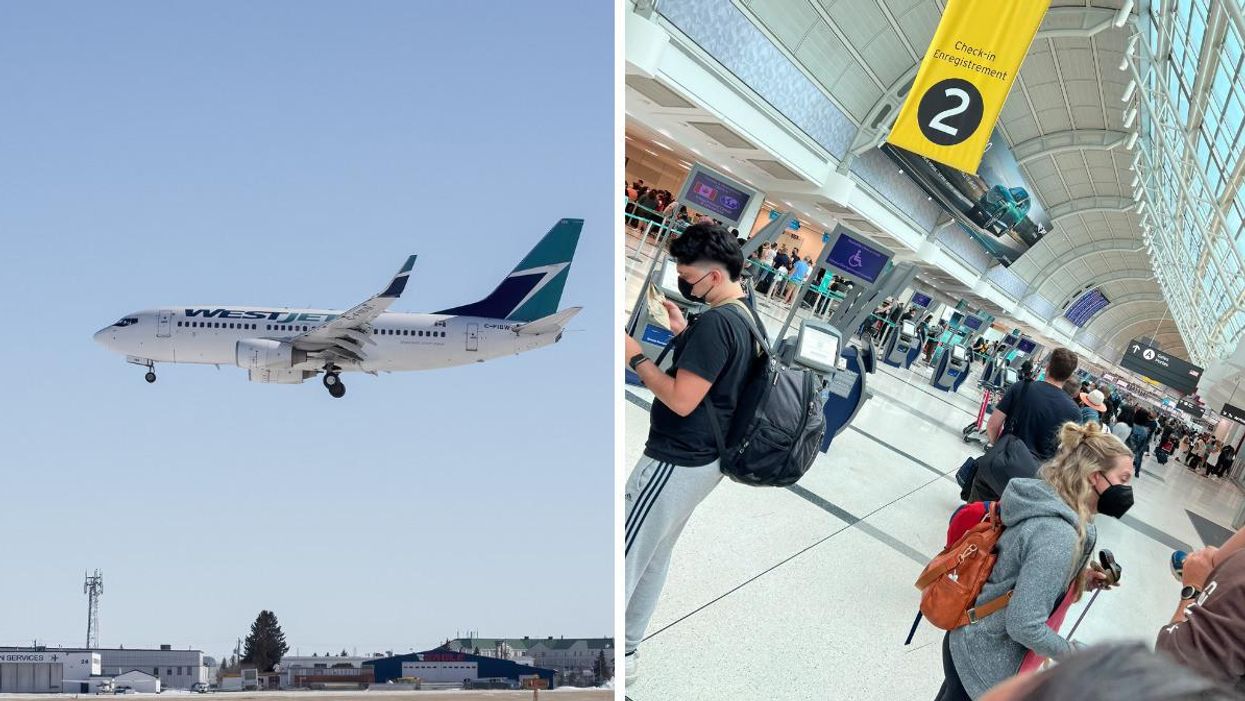 A WestJet flight. Right: A queue at Toronto Pearson Airport.